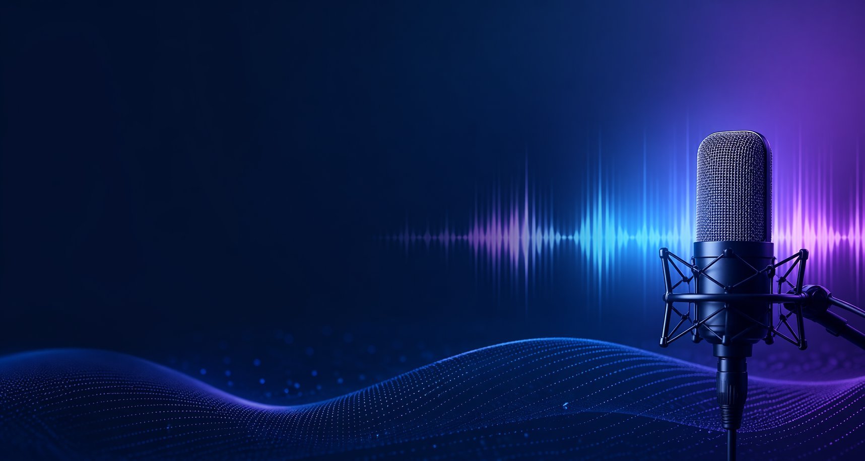 Professional studio microphone with blue and purple sound wave visualization on dark background